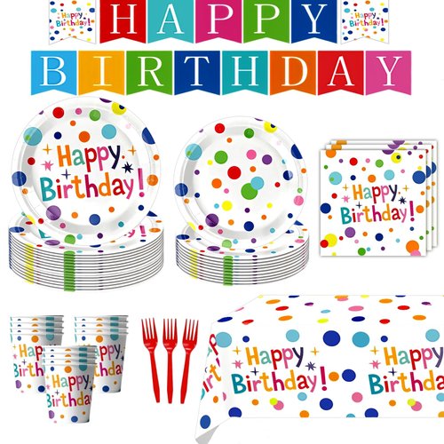 122 Pcs Birthday Plates and Napkins, Happy Birthday Decorations Party Supplies Sets with Colorful Birthday Dots Design Includes Plates and Napkins, Fork, Cup, Tablecloth, Banner for 24 Guests