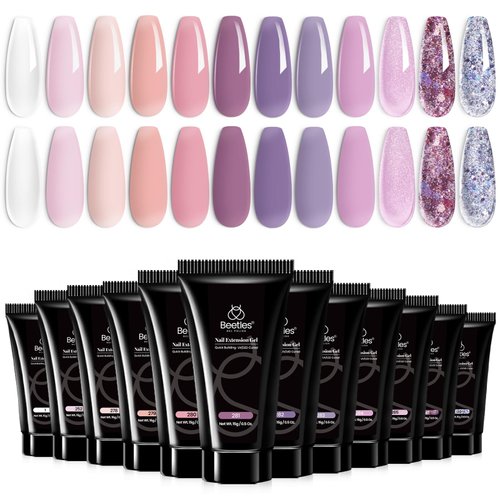 Beetles Poly Nail Extension Kit, 12 Colors Flexible Rose Poly Nail Gel Nail Kit Clear White Pink Purple Glitter Beetles Poly Nail Extension Gel Kit Nail Art Design Easy DIY Salon Gift for Women