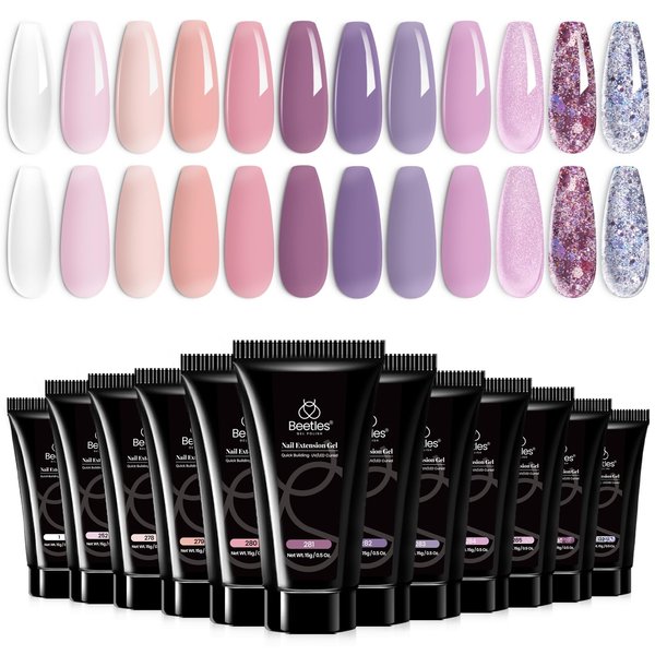 Beetles Poly Nail Extension Kit, 12 Colors Flexible Rose Poly Nail Gel Nail Kit Clear White Pink Purple Glitter Beetles Poly Nail Extension Gel Kit Nail Art Design Easy DIY Salon Gift for Women
