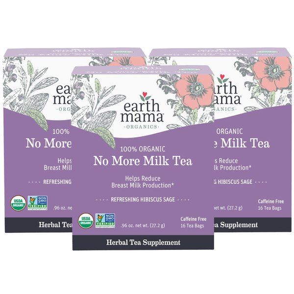 Earth Mama No More Milk Tea | Organic Herbal Tea Bags to Reduce Breast Milk Production, Stop Breastfeeding, & Wean Lactation Naturally, Postpartum Essentials, Hibiscus & Sage Decaf Tea (16-Count, 3PK)