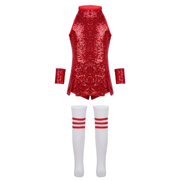 Freebily Boys Girls Hip-hop Jazz Modern Dance Costume Kids Dancing Outfit Star Metallic Crop Top Pants Wrist Sleeves Red#2 5-6