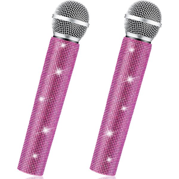 Threan 2 Pcs Fake Microphone Prop Sparkly Microphone Glitter Microphone Rhinestone Microphone Bedazzled Microphones Pretend Plastic Play Microphone Toy Mic for Cosplay Party Costume(Pink)