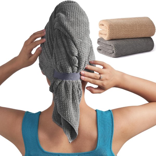MABAO 2 Pack Microfiber Hair Towel Wrap for Women, Quick Dry Hair Turban Towel with Elastic Band, Microfiber Plopping Towel for Curly Hair, Long & Thick Hair 26.3" X 40" (Gray, Camel)