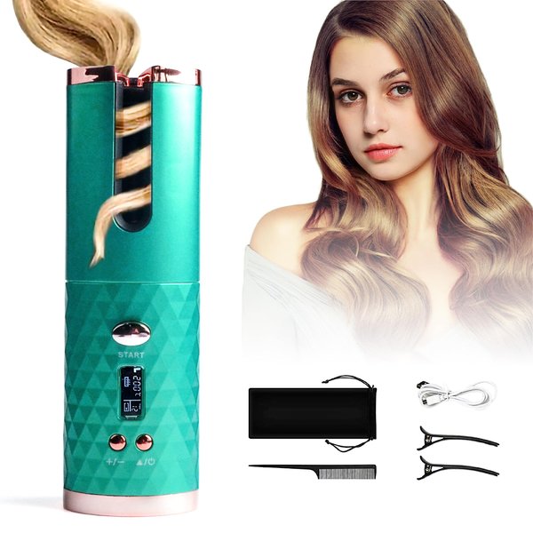 Automatic Curling Iron, Hair Curling Iron for Hair Styling, Cordless Auto Hair Curler, with 6 Temps and Timers, Auto Shut-Off, Fast Heating, Rechargeable Cordless Hair Curler 1 (green) (Green)