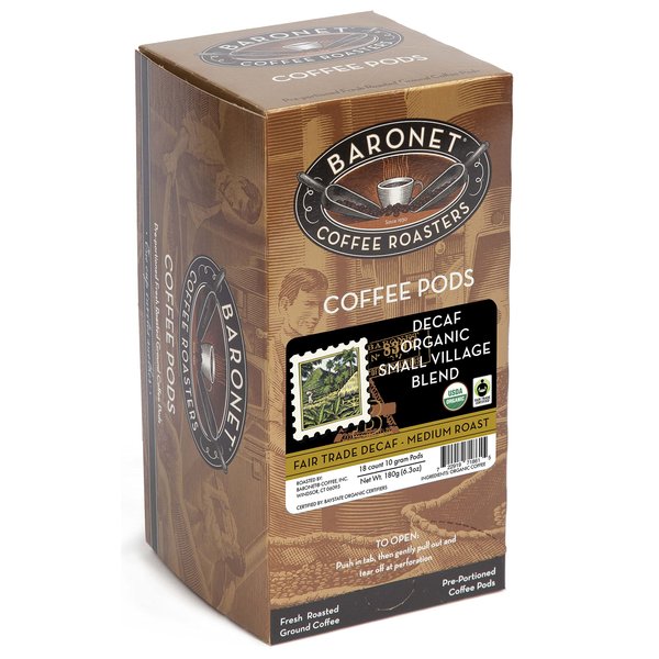 Baronet Coffee Pods [DECAF Organic Small Village-54 Pods] Single Cup Use, Like Senseo Coffee Pods [3 Boxes of 18 Single Serve 10 Gram Pads] Reg Strength Soft Coffee Pods, Med Roast [Decaf Org Sml Vil]