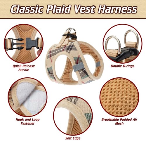EXPAWLORER Classic Plaid Puppy Harness - Small Dog Harness and Leash Set - Dog Collar and Leash Set with AirTag Holder, Soft Padded Step in Dog Vest Harness No Pull Reflective for Outdoor, Khaki S