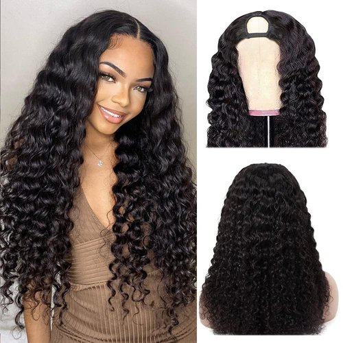 U Part Wigs Human Hair Wigs for Black Women Deep Wave Human Hair 250% Density Brazilian Hair Full Head Clip in Half Wig V Part Glueless Wigs Human Hair Pre Plucked U Shape Wigs Natural Color (24 inch)