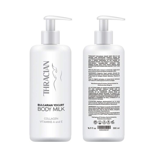 Thracian Bulgarian Yogurt Natural Moisturizing Body Milk with Essential Oils, Collagen, Vitamins E & A, Extra Soothing Lotion for Sensitive and Dry Skin, Non-Greasy, 500 ml, 16.9 Fl Oz