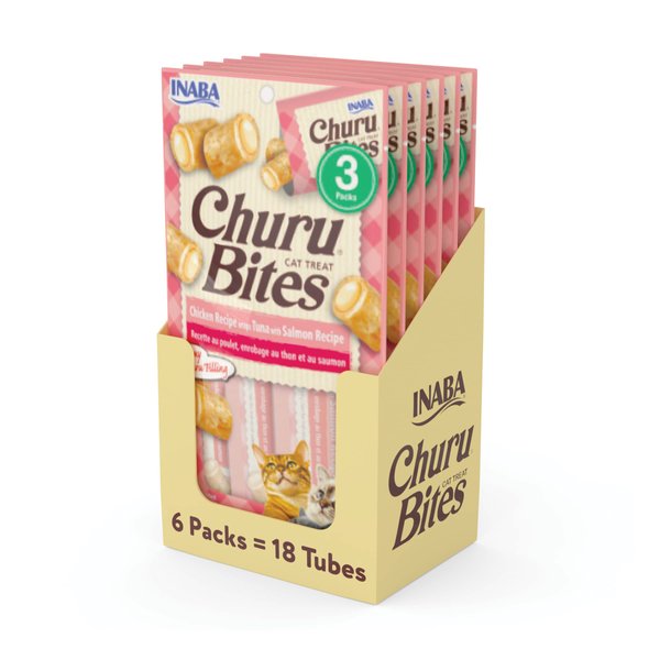 INABA Churu Bites for Cats, Soft & Chewy Cat Treats with Creamy Churu Filling, Vitamin E and Green Tea Extract, 0.35 Ounces Each Tube, 18 Tubes Total (3 per Pack), Tuna with Salmon Recipe