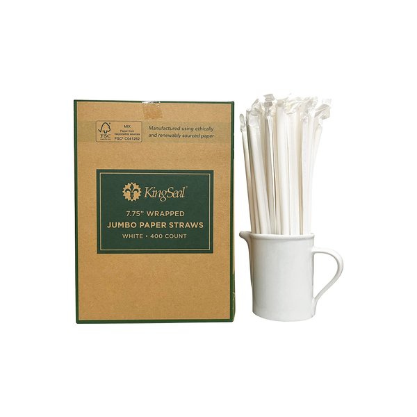 Kingseal Disposable PAPER Drinking Straws, FSC Certified, Paper Wrapped, WHITE, 7.75 Inch Length x 6mm Diameter, "Jumbo" Size, Biodegradable, Earth Friendly, Bulk Pack - 400 Count Box