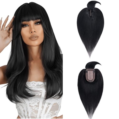 TESSHAIR Hair Toppers for Women Real Human Hair, 150% Density Silk Base Clip in Hair Extensions, Short Hair Topper Hair Pieces for Women with Thining Hair, Cover Gray Hair, With Bangs 10 Inch #01