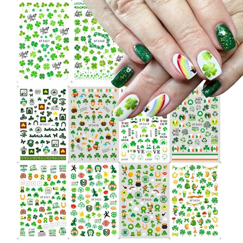 10 Sheets St. Patrick's Day Nail Art Stickers Shamrocks Nail Decals 3D Self-Adhesive Luck of The Irish Sticker Decals Leprechaun Hat Green Shamrock Nail Design Sticker for Women Girls DIY Manicure Art