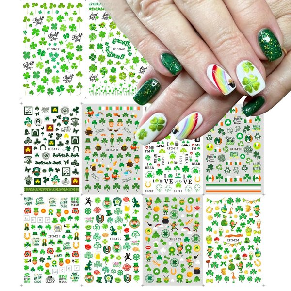 10 Sheets St. Patrick's Day Nail Art Stickers Shamrocks Nail Decals 3D Self-Adhesive Luck of The Irish Sticker Decals Leprechaun Hat Green Shamrock Nail Design Sticker for Women Girls DIY Manicure Art