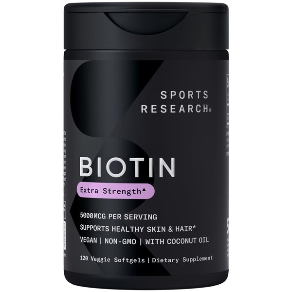 Sports Research Vegan Biotin 5000mcg with Organic Coconut Oil - Extra Strength Biotin Vitamin B7 for Healthier Hair & Skin + Keratin Support - Non-GMO & Gluten Free, 120 Softgels (4 Month Supply)