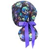 CALOMED Scrub Cap for Women and Men, Ponytail Scrub Caps, Working Hat, Head Cover with Ribbon Ties and Buttons, Long Hair (Purple Skulls)