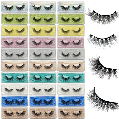 Fluffy Lashes 18mm False Eyelashes 30 Pairs 10 Styles Mixed Natural 9D Faux Mink Lashes Bulk Soft Reusable Fake Eyelashes Wholesale Lash with Glitter Portable Boxes
