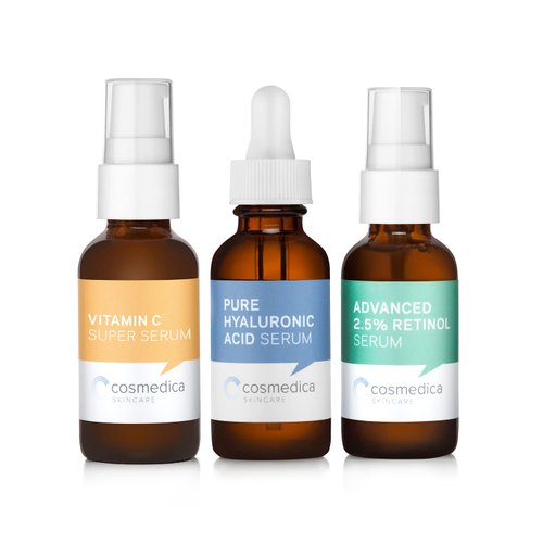 Cosmedica Skincare Facial Serum Trio Set Value for Clear Skin - Vitamin C Super Serum, 2.5% Retinol Serum, Pure Hyaluronic Acid Serum – Vegan, Cruelty-Free Skincare