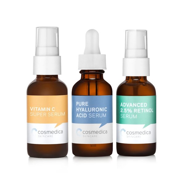 Cosmedica Skincare Facial Serum Trio Set Value for Clear Skin - Vitamin C Super Serum, 2.5% Retinol Serum, Pure Hyaluronic Acid Serum – Vegan, Cruelty-Free Skincare