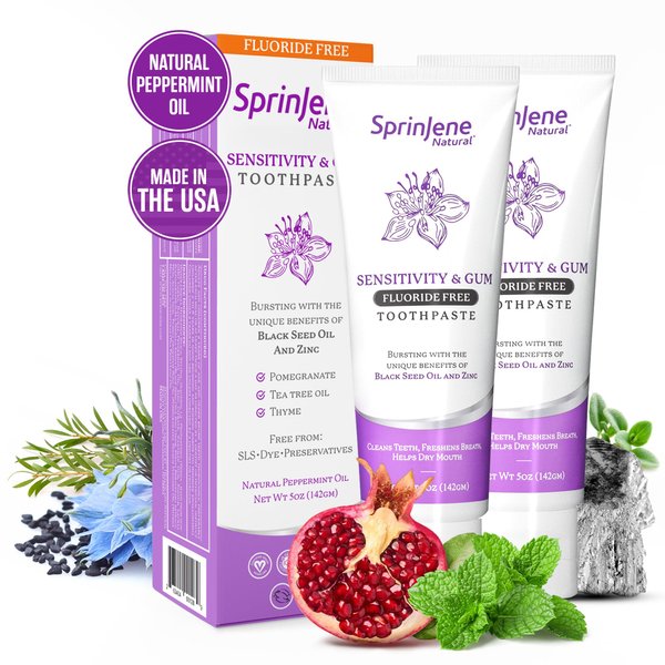Sprinjene Fluoride Free Toothpaste for Sensitive Teeth & Gum - All Natural Toothpaste Fluoride Free Toothpaste Adult, SLS Free, Non Fluoride Toothpaste Adult - 2 Pack Patented Toothpaste Floride-Free