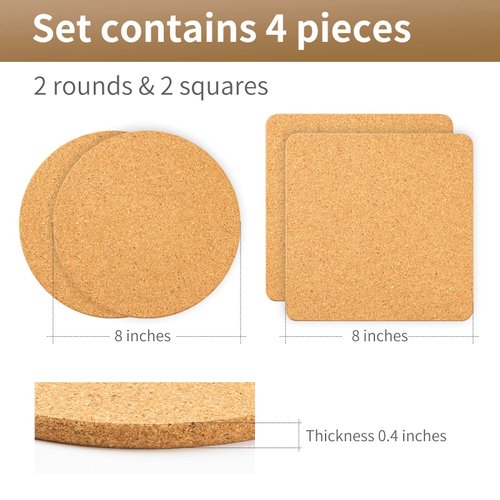 Cork Trivet, High Density Thick Cork Coaster Set for Hot Dishes and Hot Pots, 4 Pack 8 Inch Heat Resistant Multifunctional Cork Board, Hot Pads for Table and Countertop
