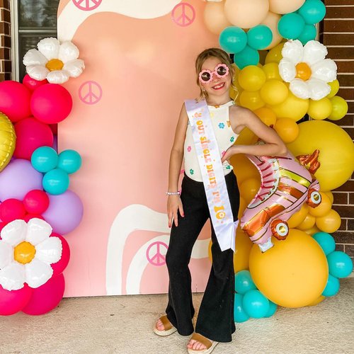 JOYMEMO Boho Groovy 10th Birthday Sash for Girls - Retro Hippie Peace Out Single Digits I'm 10 Girl Party Supplies, Rainbow Groovy Themed Tenth Birthday Party Supplies