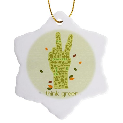 3dRose ORN_104521_1 Earth Day Eco-Friendly Environmental Peace Hand Think Green-Snowflake Ornament, Porcelain, 3-Inch