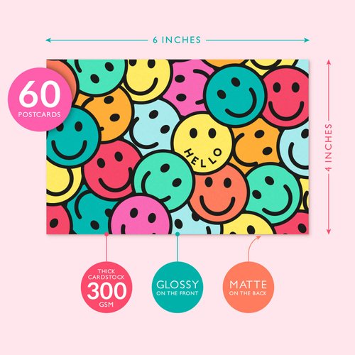 Sweetzer & Orange Hello Postcards Pack (60 Post Cards) 4x6 Postcards for Kids and Adults. 300gsm Note Cards. Blank Hello Greeting Cards, Smiley Face Hello Cards