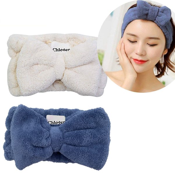Chloven 2 Pack Microfiber Bowtie Headbands Facial Makeup Headband Cosmetic Bowknot Hairlace Wash Spa Yoga Sports Shower Adjustable Elastic Hair Band for Girls and Women