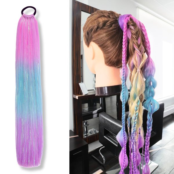 Luviri Ombre Hair Extensions Hair Tinsel 26” Jumbo Ponytail Extension for Braiding Hair on Hair Tie Loose Tinsel Hair Extensions, 9 Soft Fake Hair and Hair Glitter 1 Pcs Ponytail Pink, Blue, Purple