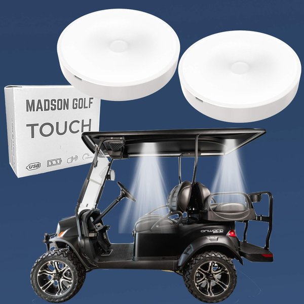 2-Pk Universal Golf Cart Roof Stick On Anywhere One Touch LED Light fits Club Car, Onward, Precedent, EZGO, Yamaha, and Garia carts, USB Rechargeable Puck designed for golf cart use, Great Golf Gifts