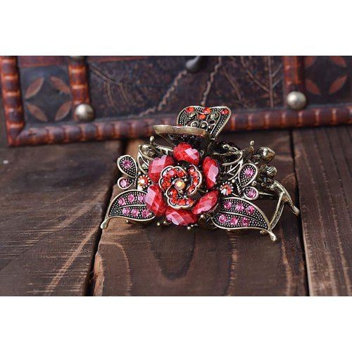 Fodattm Women Lady Retro Rose Flower Imitation Turquoise Hair Claw Clip Vintage Alloy Rhinestone Non-Slip Hair Jaw Clips Hairpin Hair Clamp (Red)