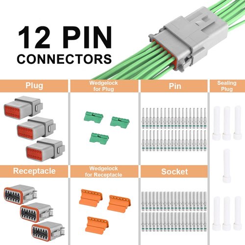 JRready ST6117 DT Series Connector 12 Pin Gray Waterproof Electrical Wire Connector Plug Receptacle with Solid Contact and Seal Plug,3 Sets
