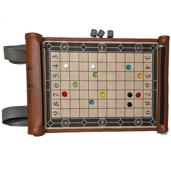 TNT Laser Works Sage Stones | Strategic Dice Game for 2-6 Players | Leather Roll Up Scroll | Leather Brown