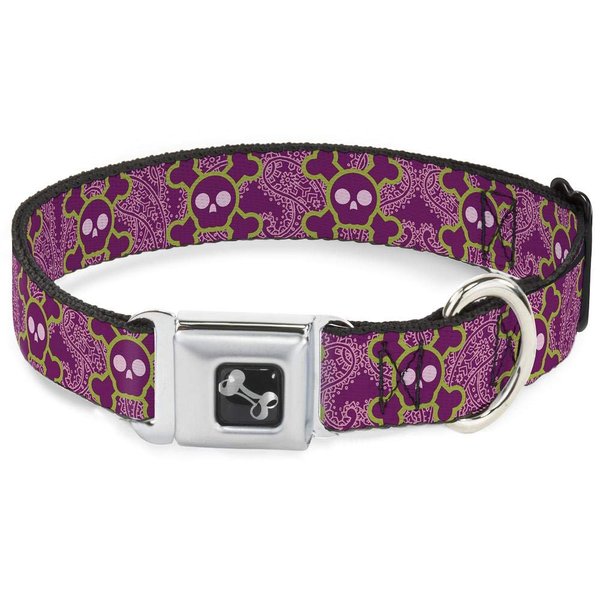 Buckle-Down Seatbelt Buckle Dog Collar - Cute Skulls w/Paisley Purple/Pink/Green - 1.5" Wide - Fits 16-23" Neck - Medium