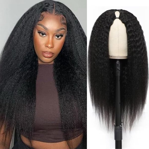 V Part Wig Human Hair 180% Density Upgrade U Part Human Hair Wigs For Women Kinky Straight Human Hair Wig Full Head Clip In Half Wigs 18 Inch Yaki V Wigs Natural Color