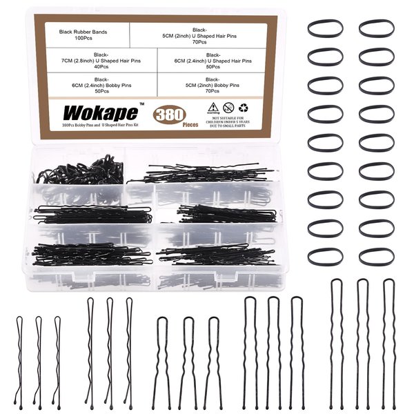 Wokape 380Pcs 2 Inch Black Bobby Pins and 2.4 Inch U Shaped Hair Pins with Black Rubber Bands Soft Elastic Bands Assortment Kit , Blonde Hair Pins for Buns Women Girls with Storage Box
