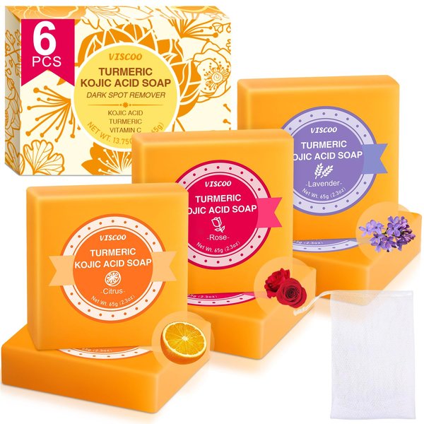 VISCOO Kojic Acid Soap, 3 Fragrances Turmeric Soap Bar, Dark Spot Remover for Face and Body, Contains Vitamin C, Hyaluronic Acid, Shea Butter, Even Tone Skin, with Bubble Net(6 Pack)