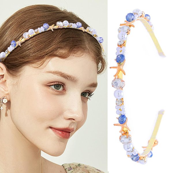 Coridy Gold Starfish Headbands Thin Pearl Headband Crystal Hair Band Rhinestone Hair Hoop for Women and Girls’ Hair Accessory for Beach Wedding and Party (Gold, B-Starfish)