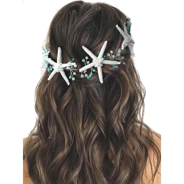 Easedaily Starfish Bride Wedding Hair Vine Silver Turquoise Bridal Headpieces Rhinestone Headband Beach Hair Accessories for Women and Girls