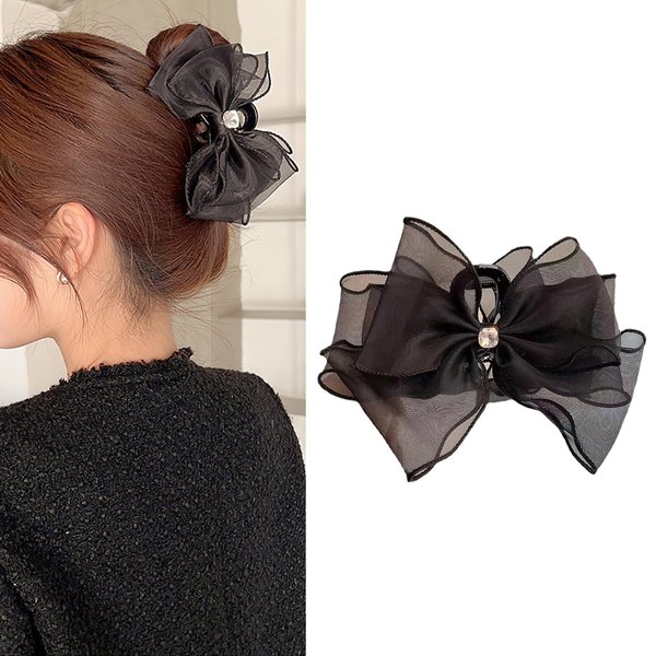 AUOCATTAIL Black Tulle Big Bow Hair Claw Clips Fashion Elegant Bowknot Nonslip Hairpin Ponytail Clip Hair Accessories for Women Girl