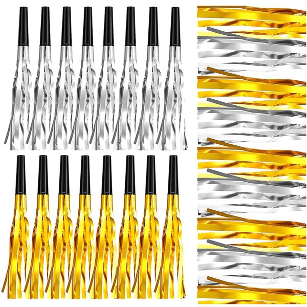 24 Pieces New Years Eve Party Supplies 2025, Happy New Year Party Blowers Gold Silver Noise Makers, NYE Decorations