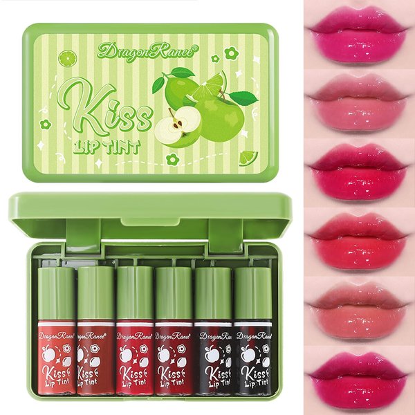 6 Colors Lip Tint Stain Set, Korean Lip Gloss Water Lip Tint Mini Liquid Lipstick Set, Multi-Use Lip and Cheek Tint, Long Lasting, Waterproof, High Pigment, Lip Tint Makeup (Green Lime)