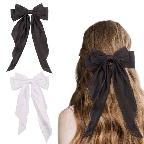 Silky Satin Hair Bow Clips For Women, 2pcs Hair Ribbon, French Style Bow Clips, Hair Barrettes With Bow, Bows For Hair, Bow Hair Accessories For Girls And Women, Black And White