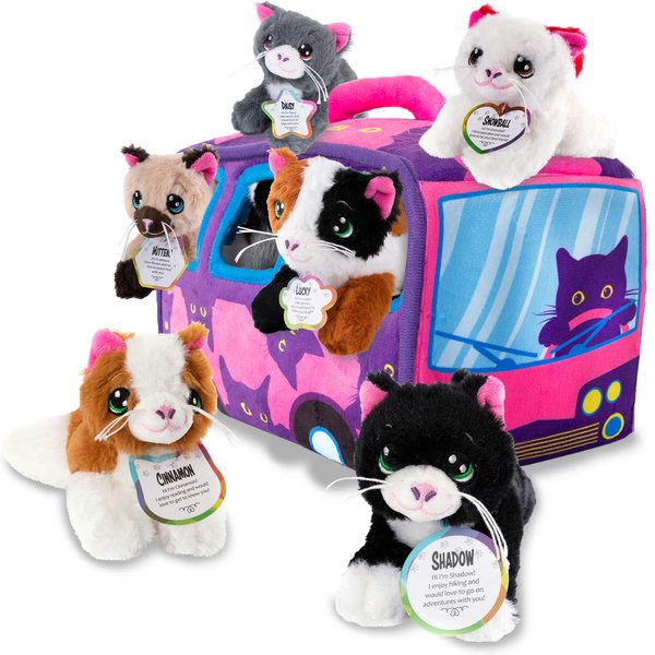 7-Piece Plush Cat Set, 6" Stuffed Animals Assortment with Carrier Bus, Cute Small Toys for Girls, Halloween, Classroom, Birthday Gifts Soft Plush Puppy