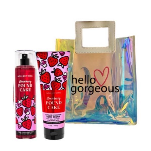 White Barn - Bath and Body Works - Gift Set 2 Piece Bundle - with Gift Bag Hello Gorgeous (Strawberry Pound Cake)
