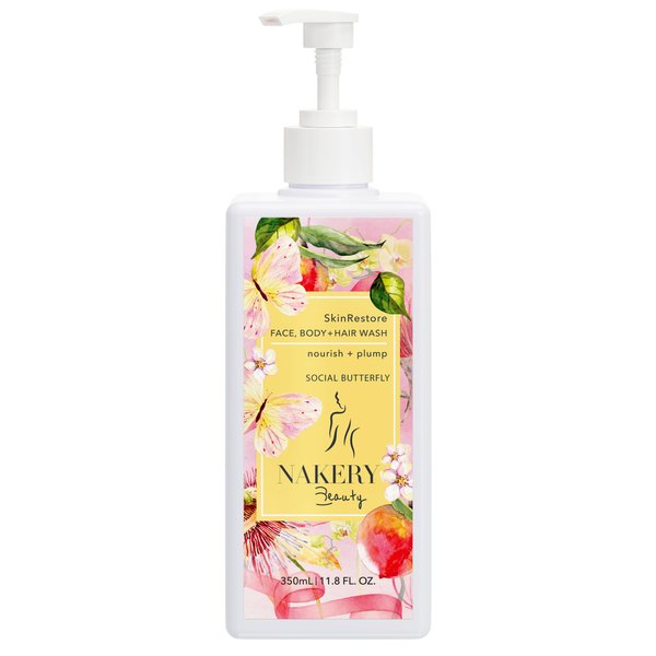 Nakery SkinRestore Hydrating Face & Body Wash with Hyaluronic Acid - Body Wash for Sensitive Skin - Foaming Face Wash & Oil Cleanser for Women 350ml - Sulfate Free & Cruelty Free - Social Butterfly