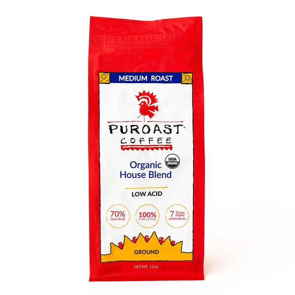Puroast Low Acid Coffee | Ground Coffee | Organic House Blend | Medium Roast | Certified Low Acid Coffee | pH 5.5+ | Gut Health | 12 Oz | Higher Antioxidant | Smooth for Espresso & Cold Brew