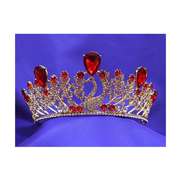 Ruby Red Princess Gold Rhinestone Crystal Swan Wedding Prom Costume Tiara Crown CT51