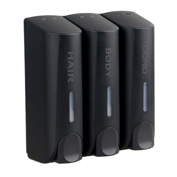 AUMIO Chamber Shower Soap Dispenser Trio Wall Mounted Shampoo and Conditioner Dispenser, Conditioner Body Wash Dispenser Set, No Drill Shampoo Dispenser for Bathroom Hotel, Black