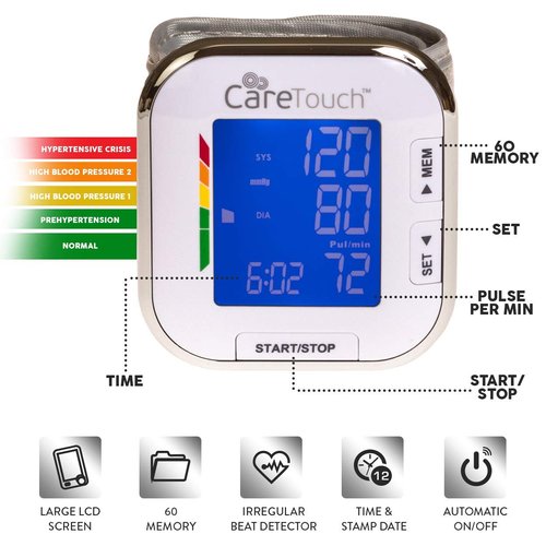 Care Touch Digital Wrist Blood Pressure Monitor for Adults Size 5.5-8.5" for Home Use, Automatic High Blood Pressure Machine with Batteries & Carrying Pouch.